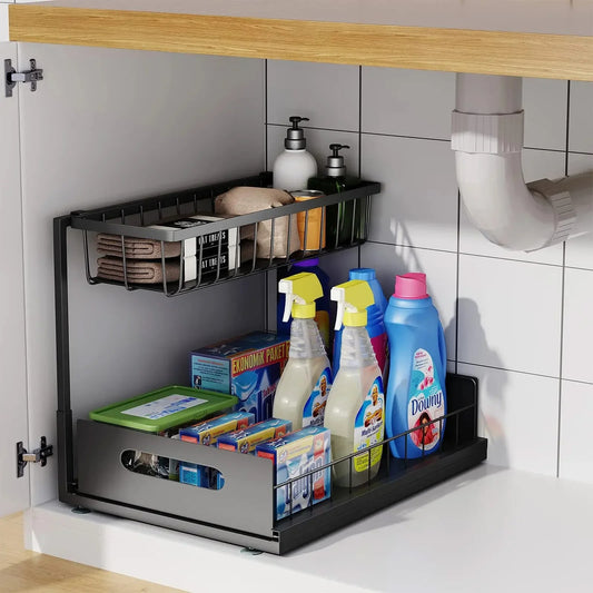 GlideNest™ – 2-Tier Under Sink Organizer with Sliding Drawers